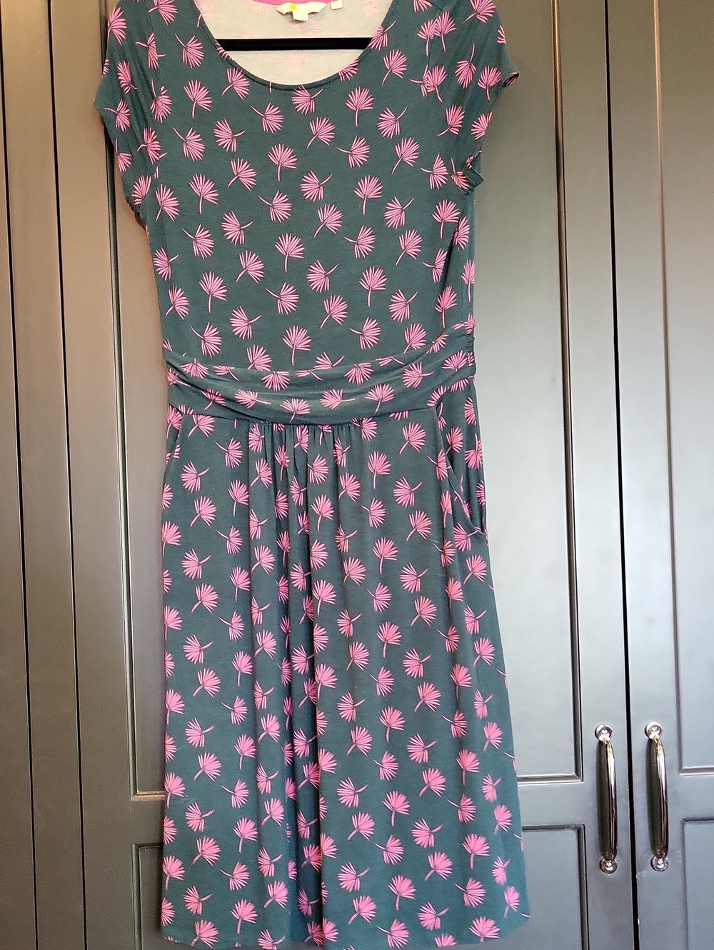 Boden Teal Dress with Pink Palm Print